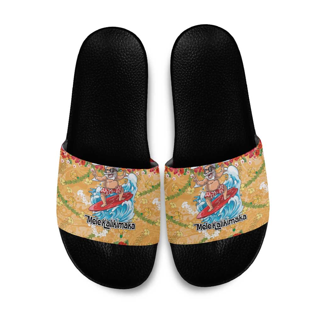 Hawaii Mele Kalikimaka Slide Sandals Funny Santa Claus Surfing on Tropical Plants - Polynesian Pride