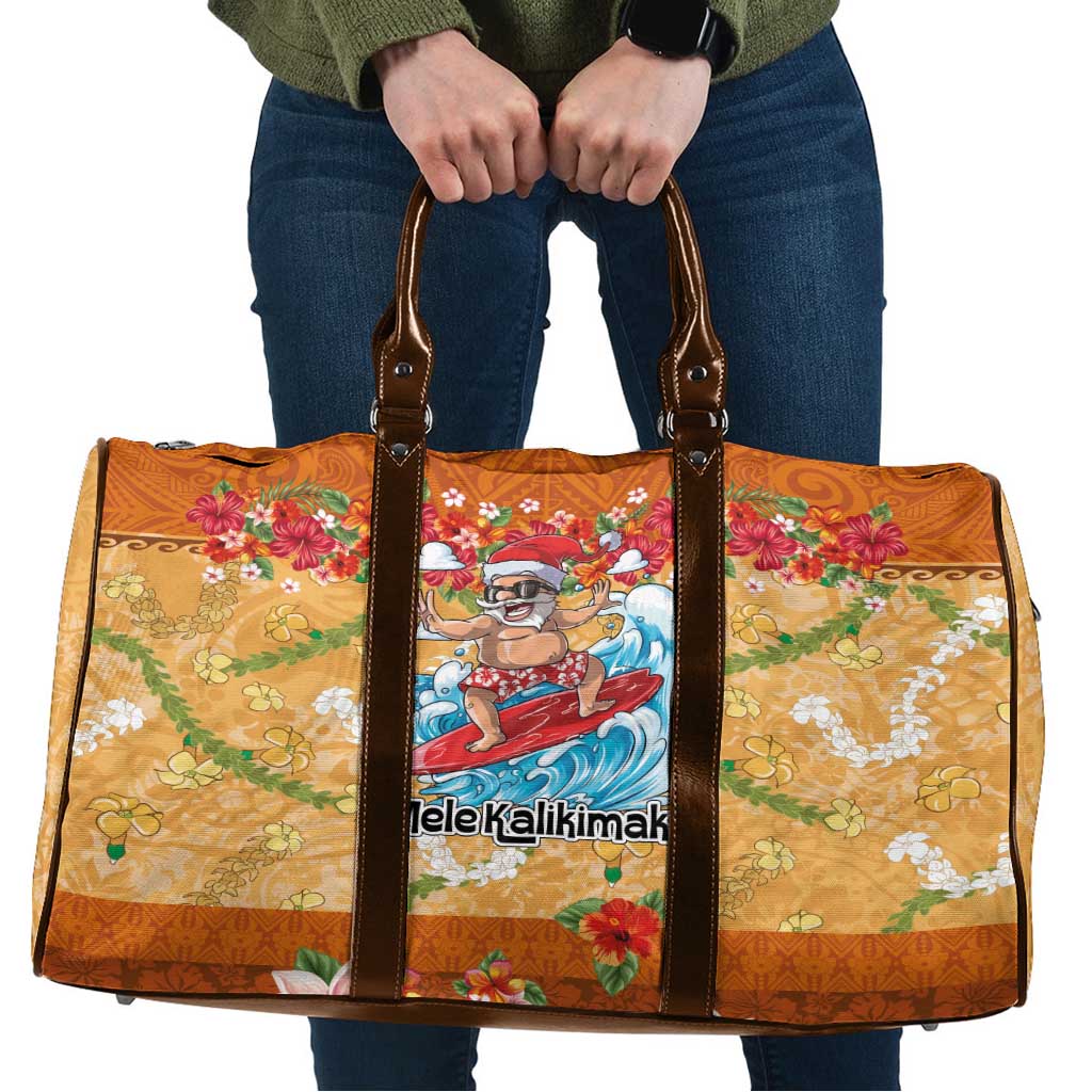 Hawaii Mele Kalikimaka Travel Bag Funny Santa Claus Surfing on Tropical Plants - Polynesian Pride
