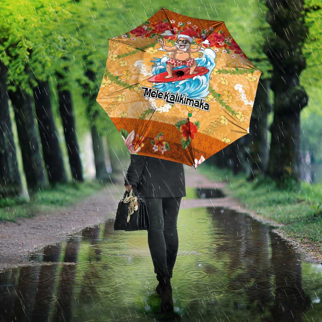 Hawaii Mele Kalikimaka Umbrella Funny Santa Claus Surfing on Tropical Plants - Polynesian Pride