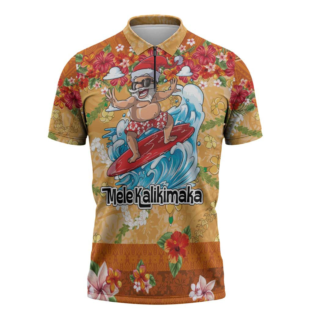 Hawaii Mele Kalikimaka Zipper Polo Shirt Funny Santa Claus Surfing on Tropical Plants - Polynesian Pride