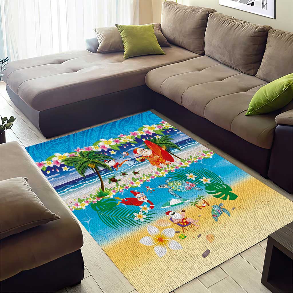 Polynesian Merry Christmas Area Rug Funny Santa Beach Tropical Plant and Turtle - Polynesian Pride