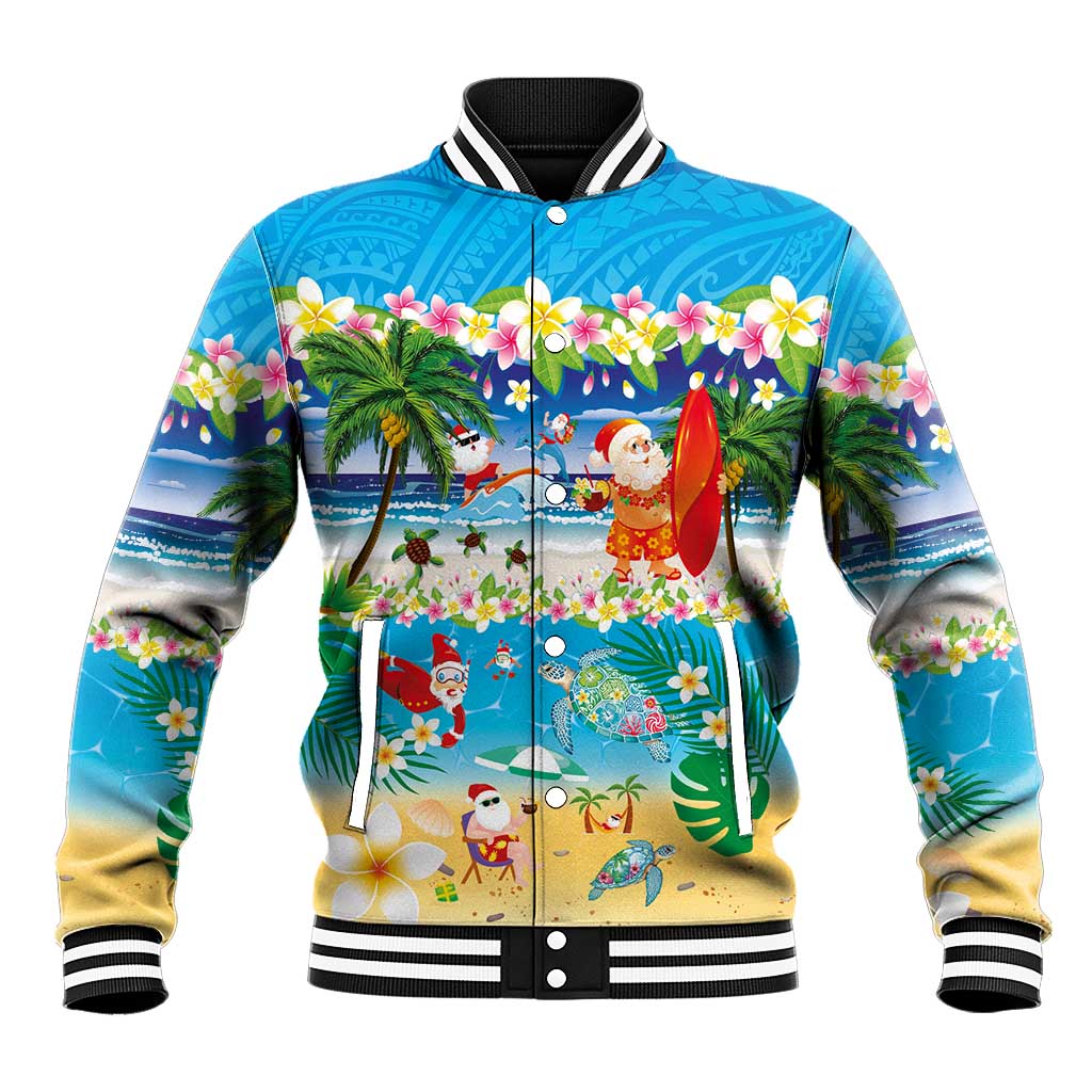 Polynesian Merry Christmas Baseball Jacket Funny Santa Beach Tropical Plant and Turtle - Polynesian Pride