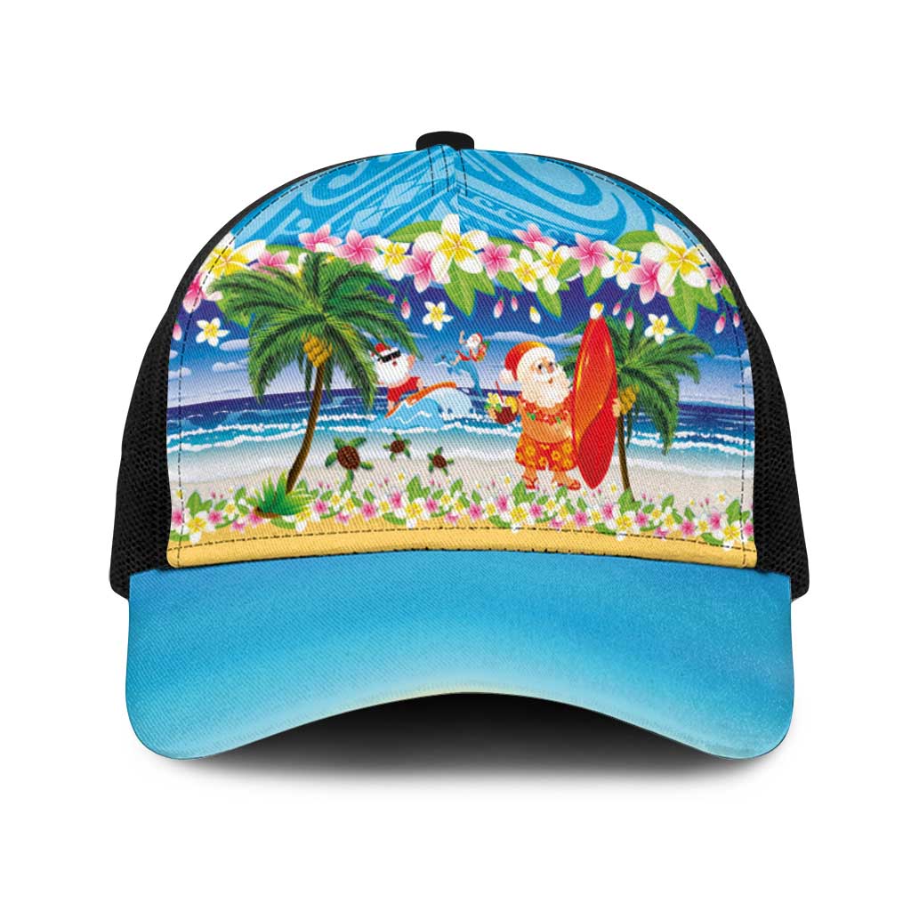 Polynesian Merry Christmas Baseball Net Cap Funny Santa Beach Tropical Plant and Turtle - Polynesian Pride