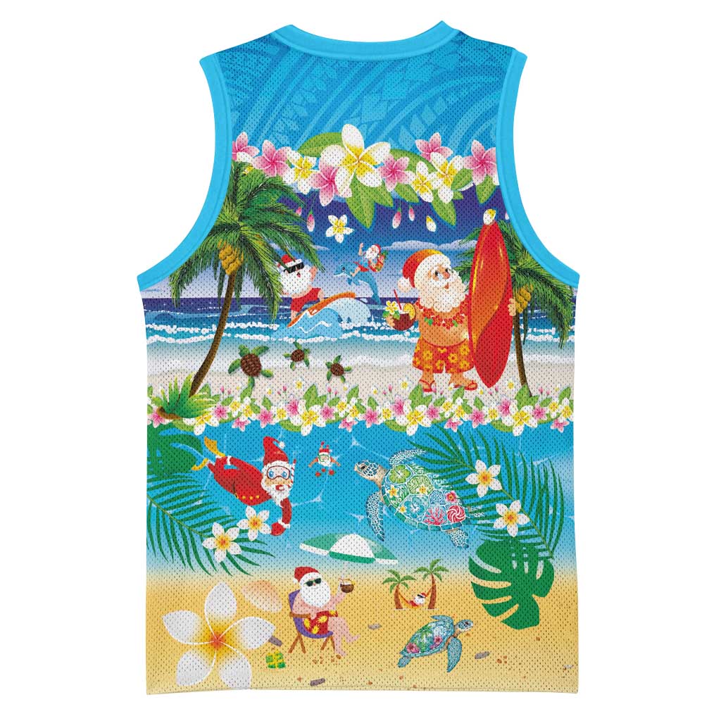 Polynesian Merry Christmas Basketball Jersey Funny Santa Beach Tropical Plant and Turtle - Polynesian Pride
