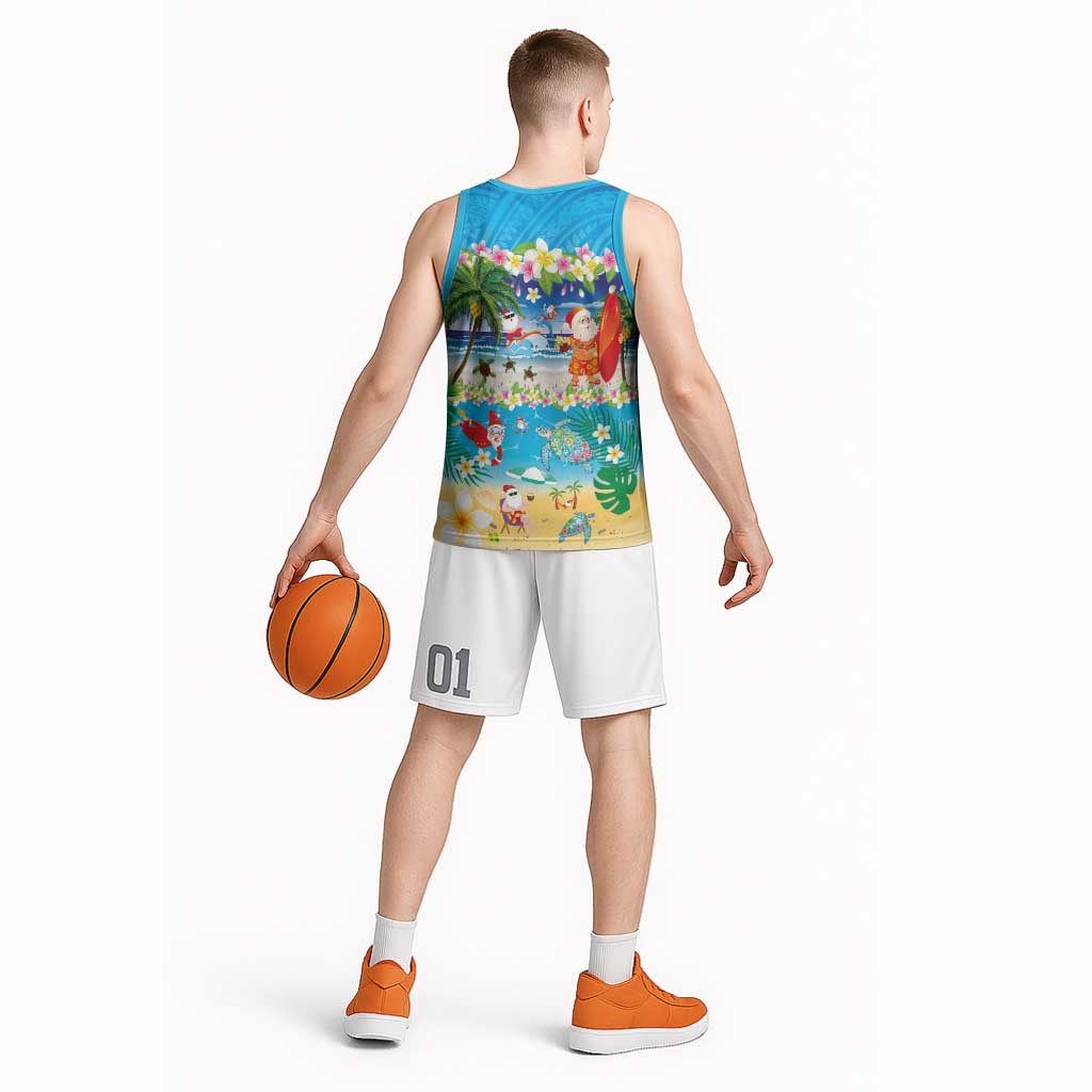 Polynesian Merry Christmas Basketball Jersey Funny Santa Beach Tropical Plant and Turtle - Polynesian Pride