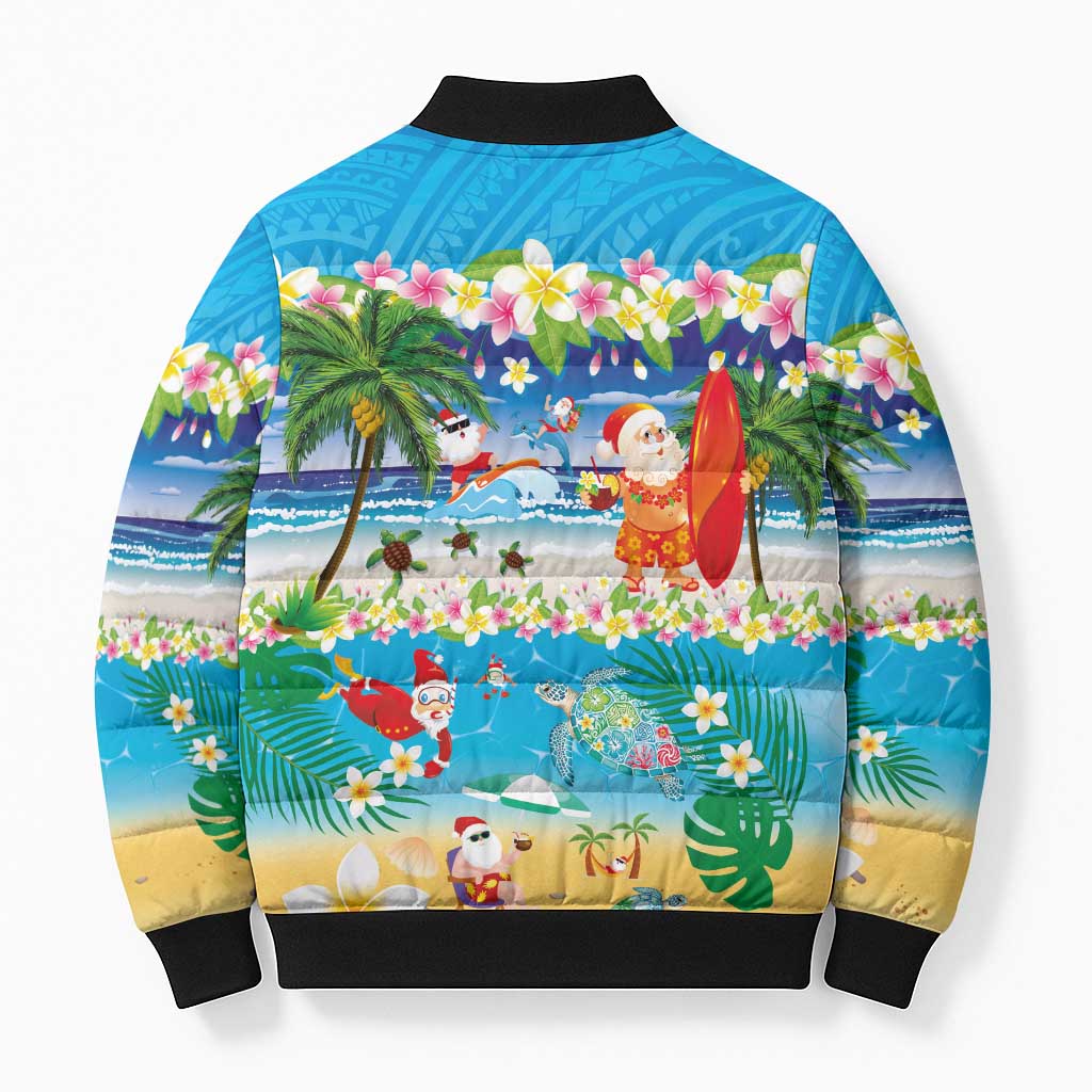Polynesian Merry Christmas Bomber Puffer Jacket Funny Santa Beach Tropical Plant and Turtle - Polynesian Pride