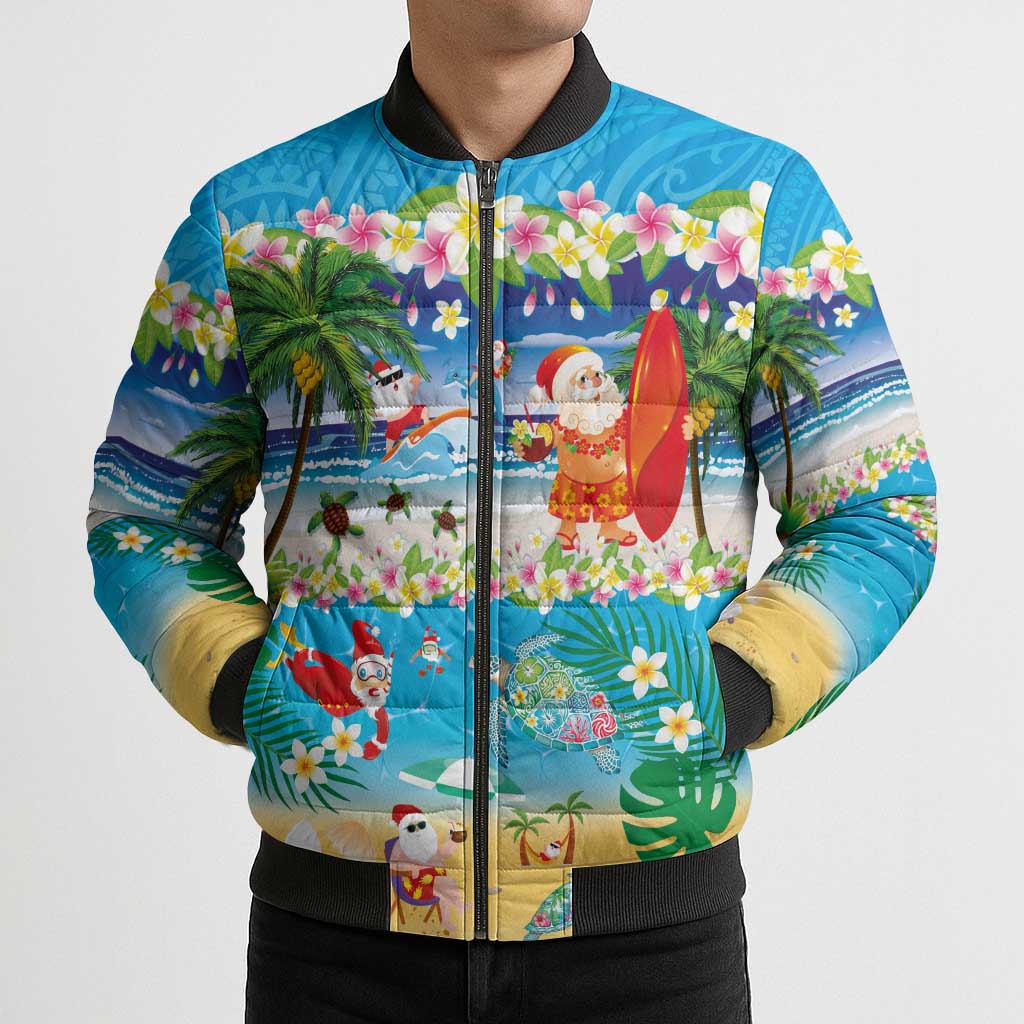 Polynesian Merry Christmas Bomber Puffer Jacket Funny Santa Beach Tropical Plant and Turtle - Polynesian Pride