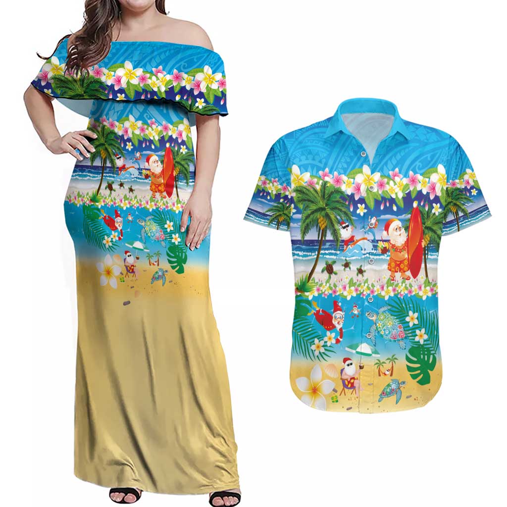 Polynesian Merry Christmas Couples Matching Off Shoulder Maxi Dress and Hawaiian Shirt Funny Santa Beach Tropical Plant and Turtle - Polynesian Pride