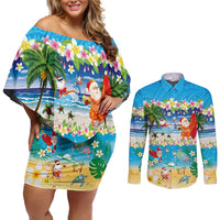 Polynesian Merry Christmas Couples Matching Off Shoulder Short Dress and Long Sleeve Button Shirt Funny Santa Beach Tropical Plant and Turtle - Polynesian Pride