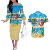 Polynesian Merry Christmas Couples Matching Off The Shoulder Long Sleeve Dress and Hawaiian Shirt Funny Santa Beach Tropical Plant and Turtle - Polynesian Pride
