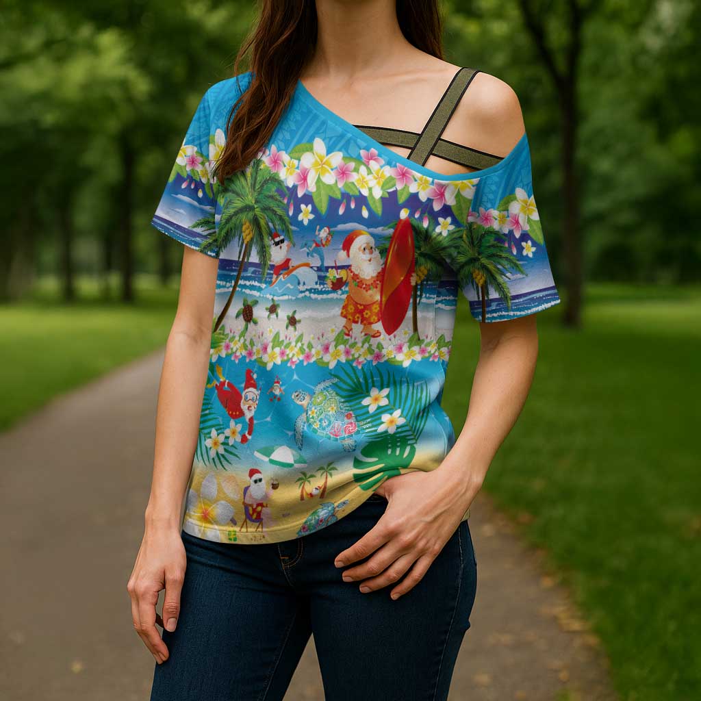 Polynesian Merry Christmas Cross Shoulder Shirt Funny Santa Beach Tropical Plant and Turtle - Polynesian Pride