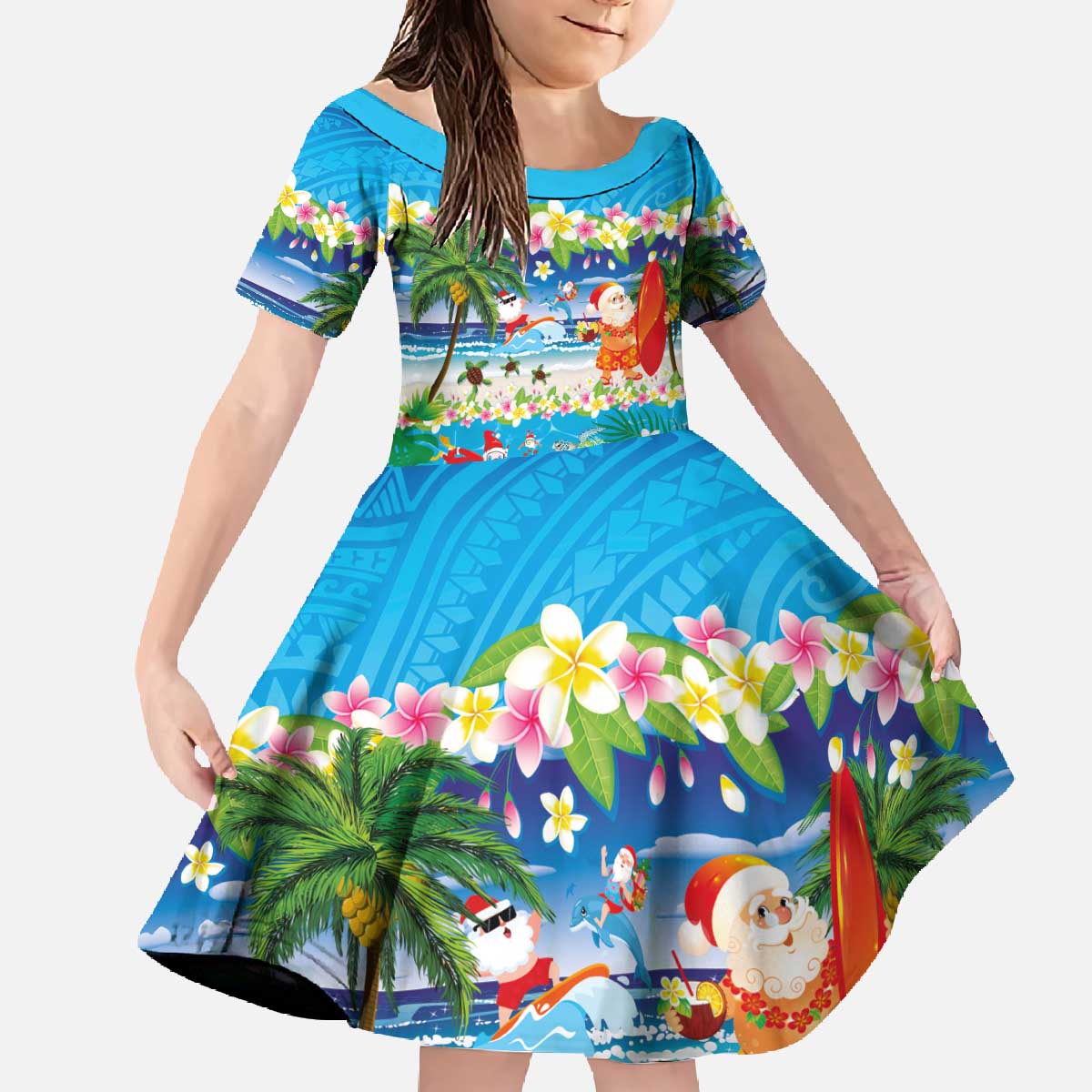 Polynesian Merry Christmas Family Matching Off The Shoulder Long Sleeve Dress and Hawaiian Shirt Funny Santa Beach Tropical Plant and Turtle - Polynesian Pride