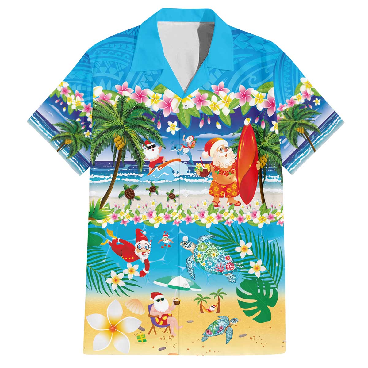 Polynesian Merry Christmas Family Matching Off The Shoulder Long Sleeve Dress and Hawaiian Shirt Funny Santa Beach Tropical Plant and Turtle - Polynesian Pride