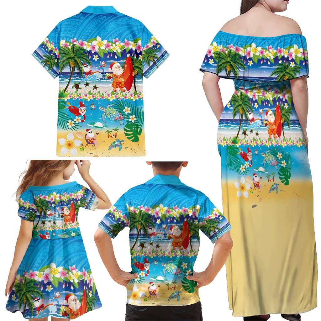 Polynesian Merry Christmas Family Matching Off Shoulder Maxi Dress and Hawaiian Shirt Funny Santa Beach Tropical Plant and Turtle - Polynesian Pride