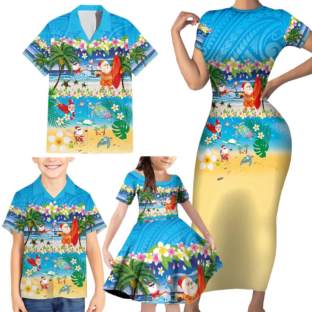 Polynesian Merry Christmas Family Matching Short Sleeve Bodycon Dress and Hawaiian Shirt Funny Santa Beach Tropical Plant and Turtle - Polynesian Pride