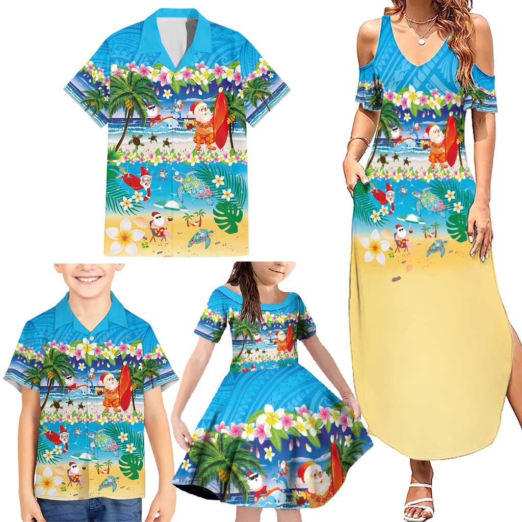 Polynesian Merry Christmas Family Matching Summer Maxi Dress and Hawaiian Shirt Funny Santa Beach Tropical Plant and Turtle - Polynesian Pride