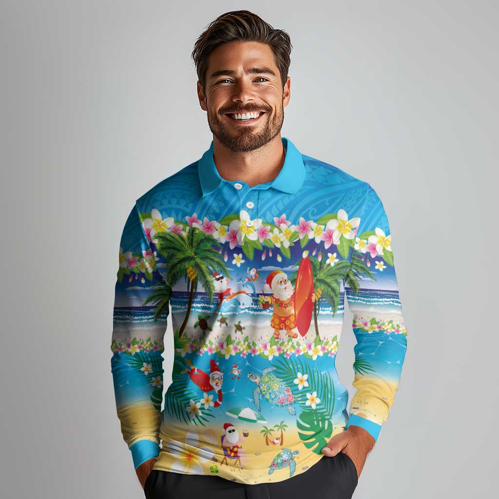 Polynesian Merry Christmas Long Sleeve Polo Shirt Funny Santa Beach Tropical Plant and Turtle - Polynesian Pride