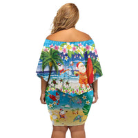 Polynesian Merry Christmas Off Shoulder Short Dress Funny Santa Beach Tropical Plant and Turtle - Polynesian Pride