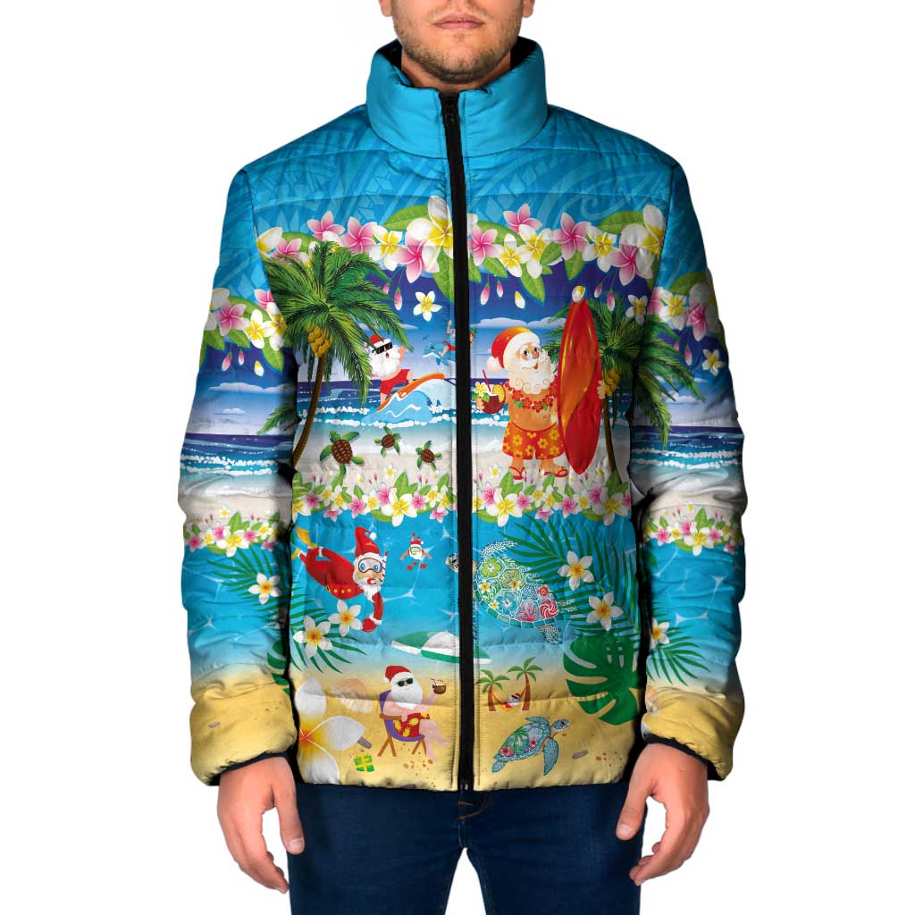 Polynesian Merry Christmas Padded Jacket Funny Santa Beach Tropical Plant and Turtle - Polynesian Pride