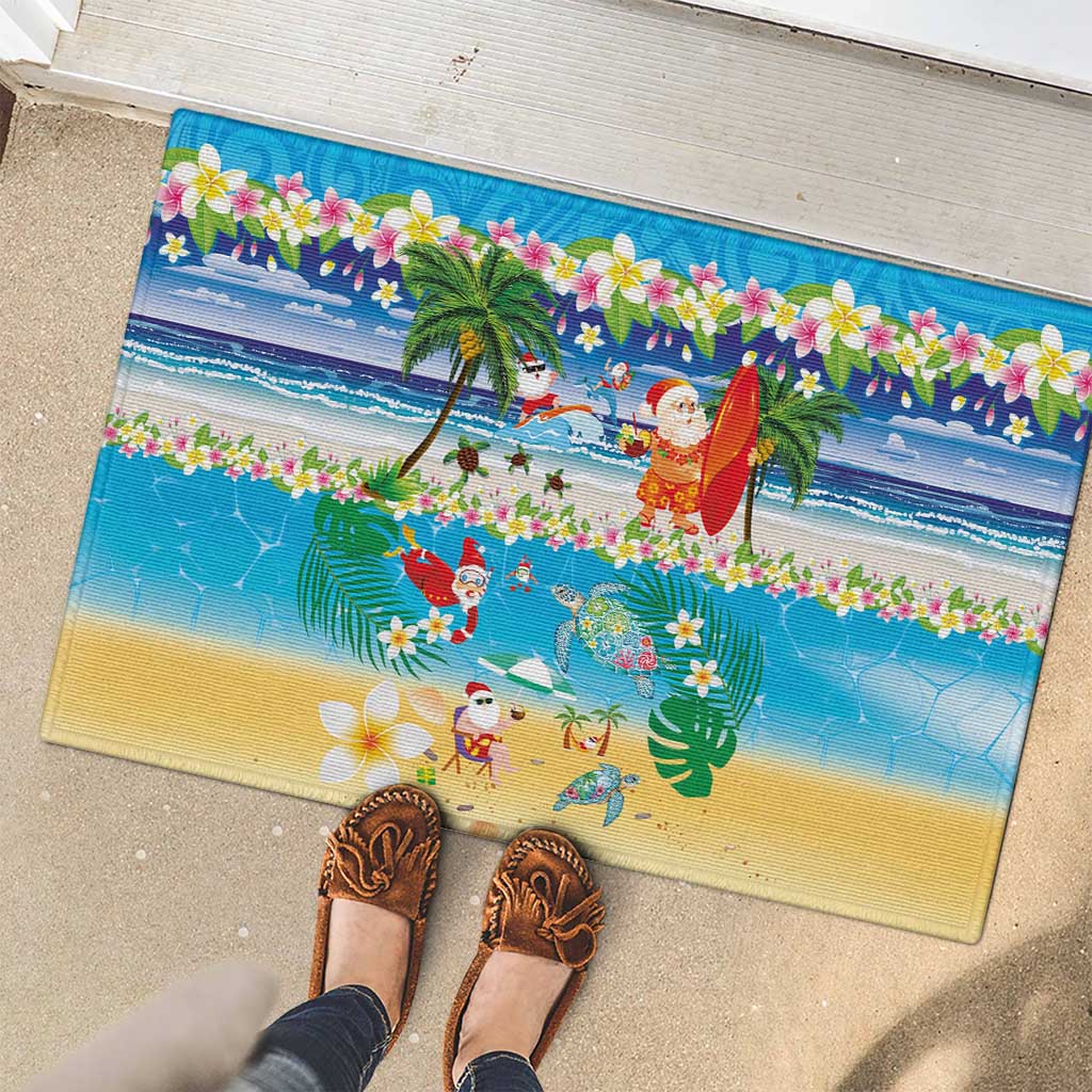 Polynesian Merry Christmas Rubber Doormat Funny Santa Beach Tropical Plant and Turtle - Polynesian Pride