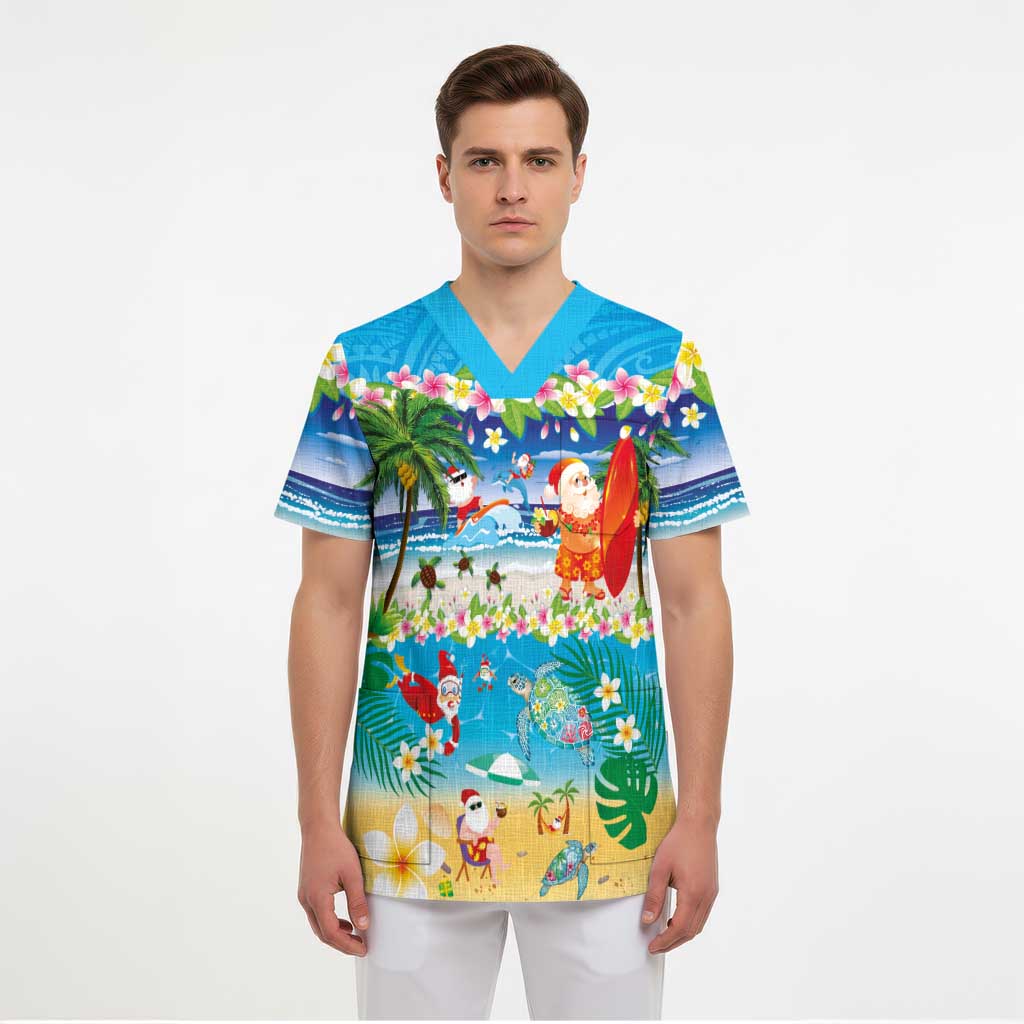 Polynesian Merry Christmas Scrub Top Funny Santa Beach Tropical Plant and Turtle - Polynesian Pride