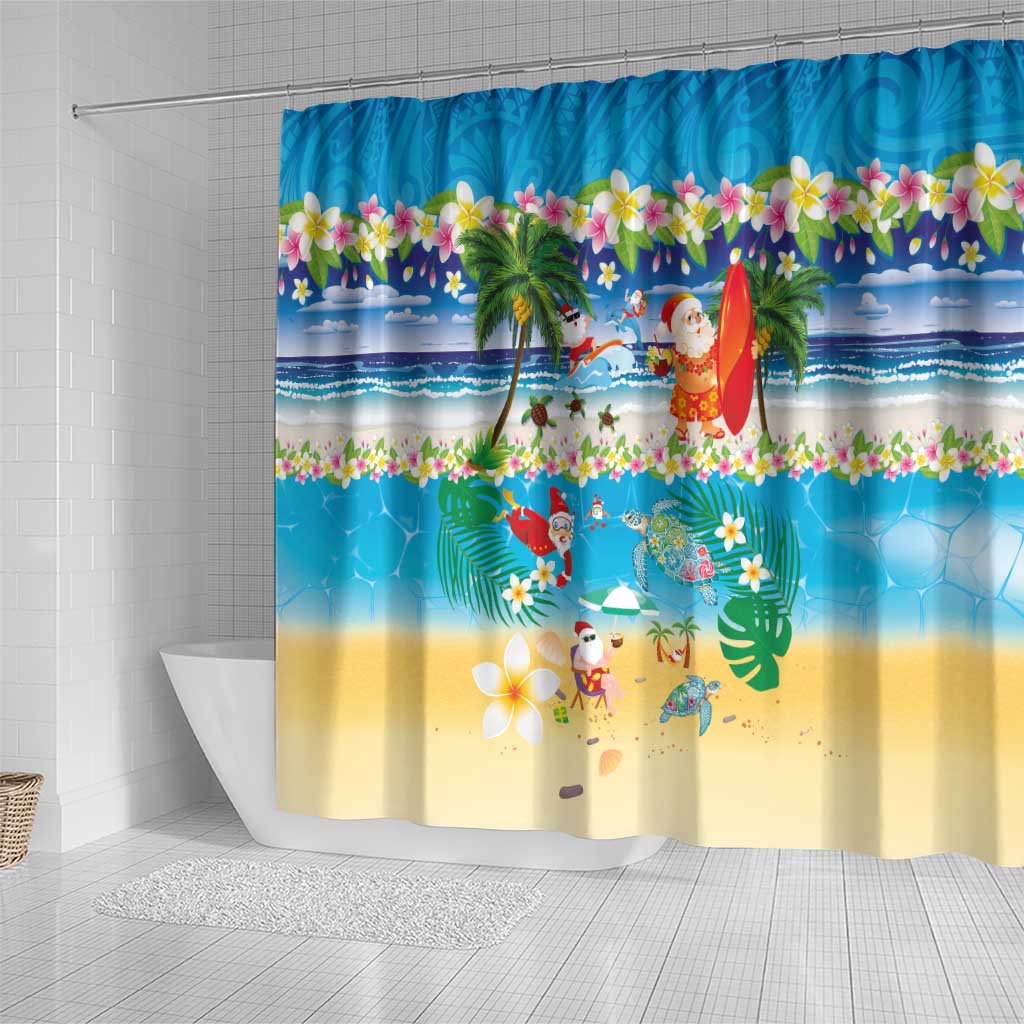 Polynesian Merry Christmas Shower Curtain Funny Santa Beach Tropical Plant and Turtle - Polynesian Pride