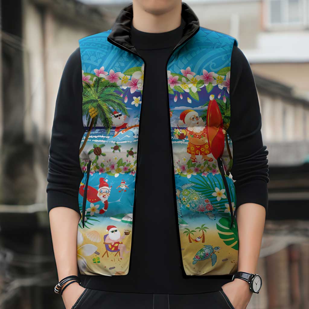 Polynesian Merry Christmas Sleeveless Puffer Jacket Funny Santa Beach Tropical Plant and Turtle - Polynesian Pride