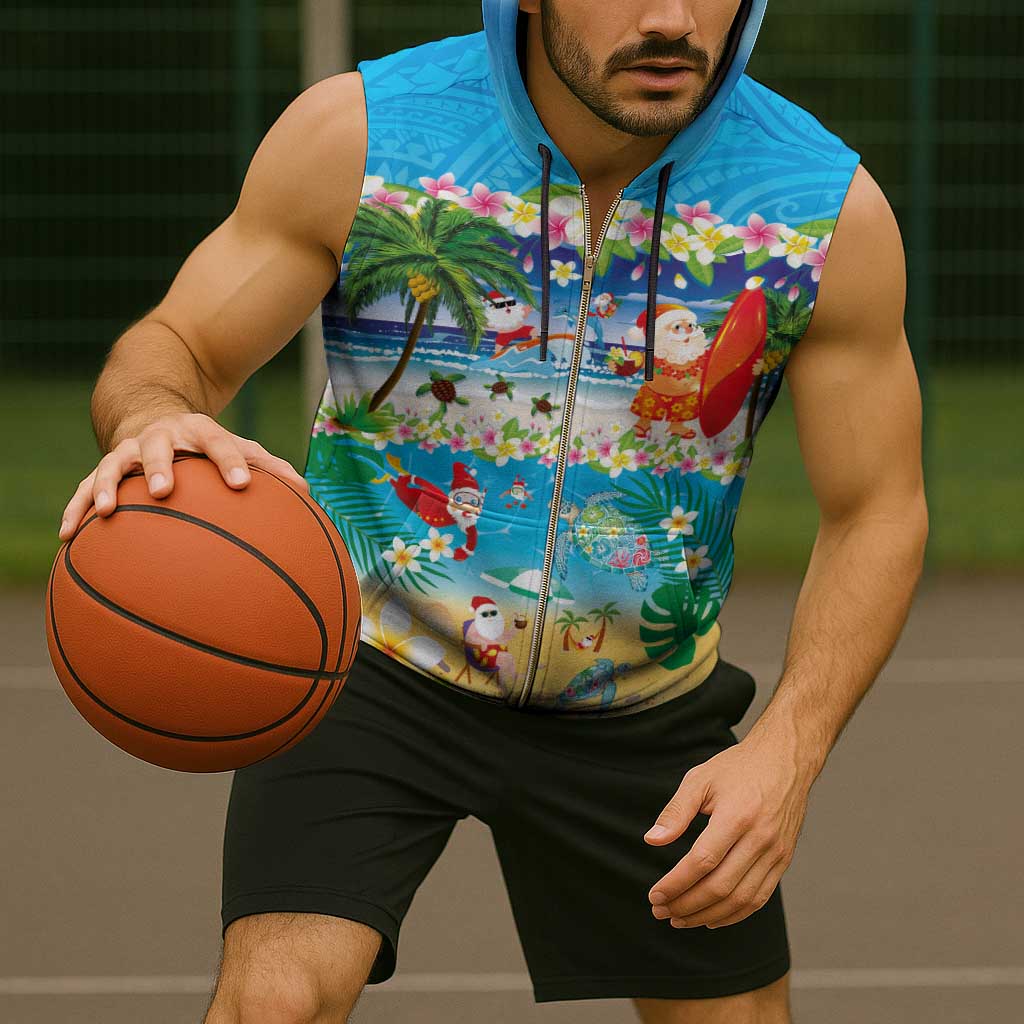Polynesian Merry Christmas Sleeveless Zip Hoodie Funny Santa Beach Tropical Plant and Turtle - Polynesian Pride