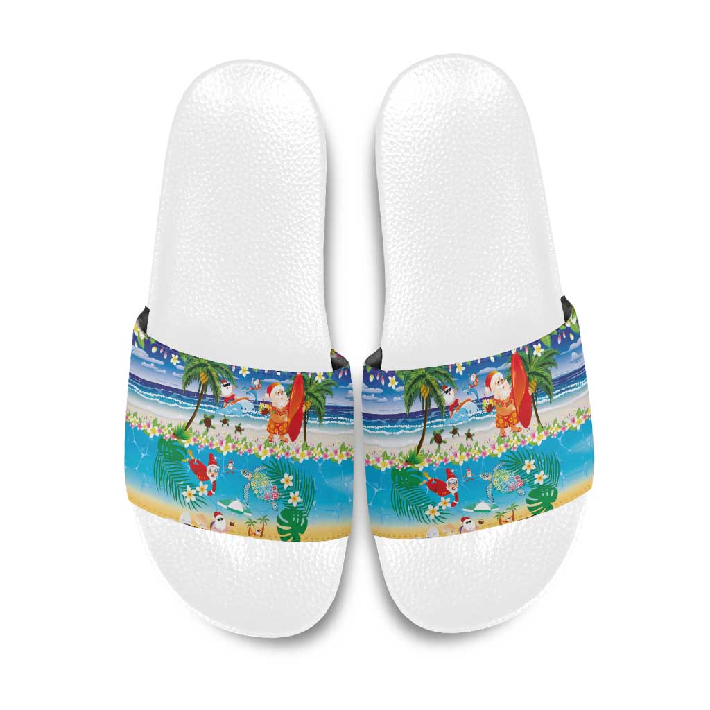Polynesian Merry Christmas Slide Sandals Funny Santa Beach Tropical Plant and Turtle - Polynesian Pride