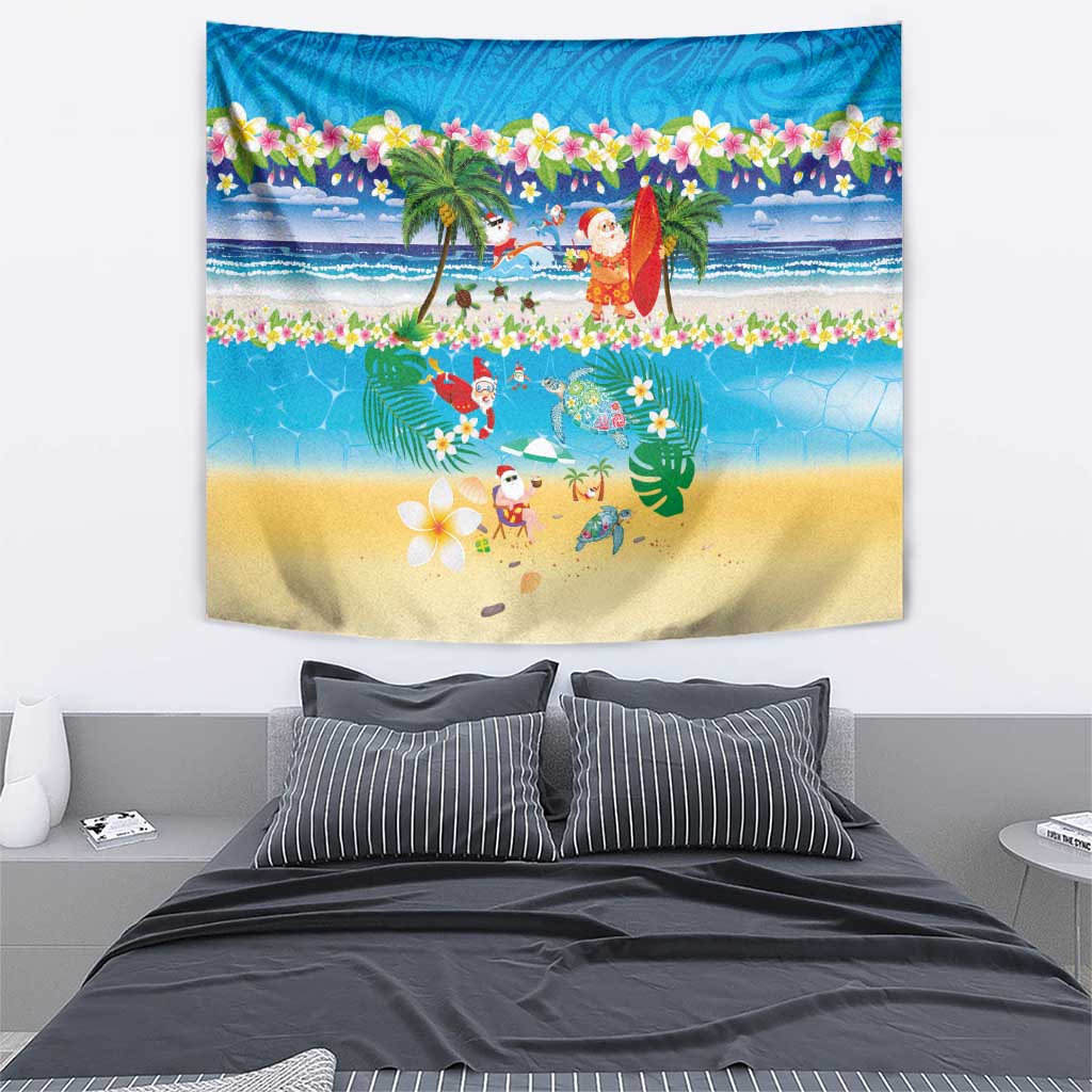 Polynesian Merry Christmas Tapestry Funny Santa Beach Tropical Plant and Turtle - Polynesian Pride