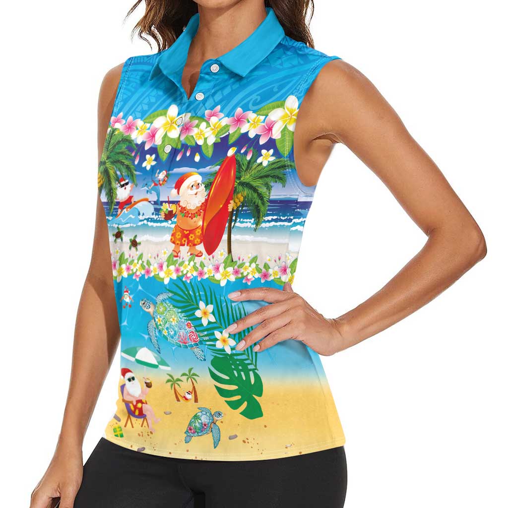 Polynesian Merry Christmas Women Sleeveless Polo Shirt Funny Santa Beach Tropical Plant and Turtle - Polynesian Pride
