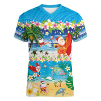 Polynesian Merry Christmas Women V-Neck T-Shirt Funny Santa Beach Tropical Plant and Turtle - Polynesian Pride