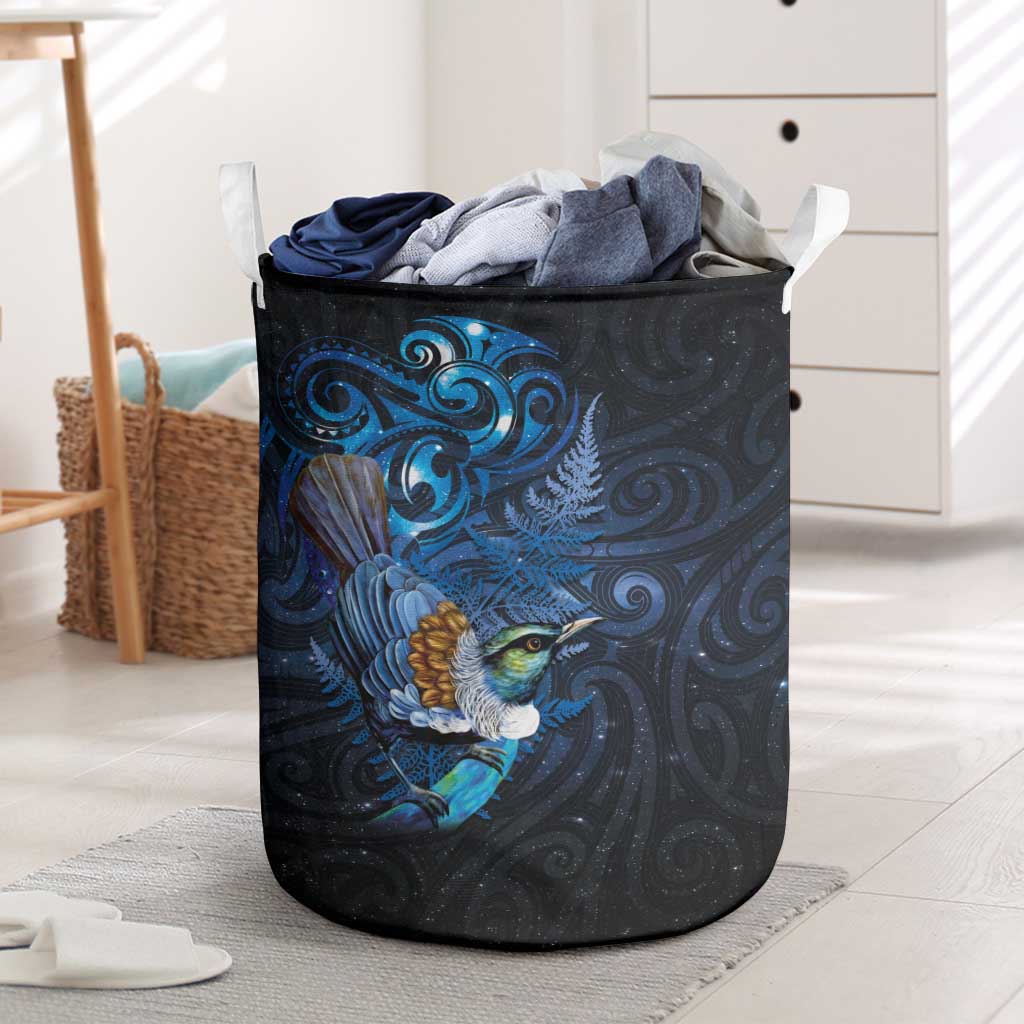 Aotearoa Matariki Laundry Basket Maori Tribal with Silver Fern and Tui Bird Galaxy Style - Polynesian Pride