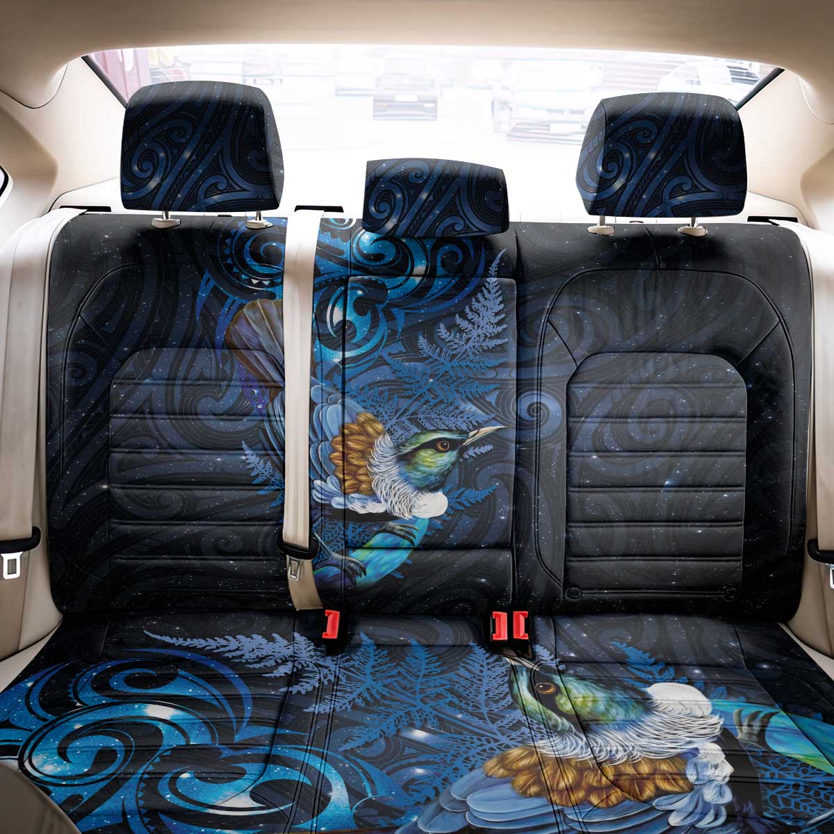 Aotearoa Matariki Back Car Seat Cover Maori Tribal with Silver Fern and Tui Bird Galaxy Style - Polynesian Pride