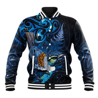 Aotearoa Matariki Baseball Jacket Maori Tribal with Silver Fern and Tui Bird Galaxy Style - Polynesian Pride