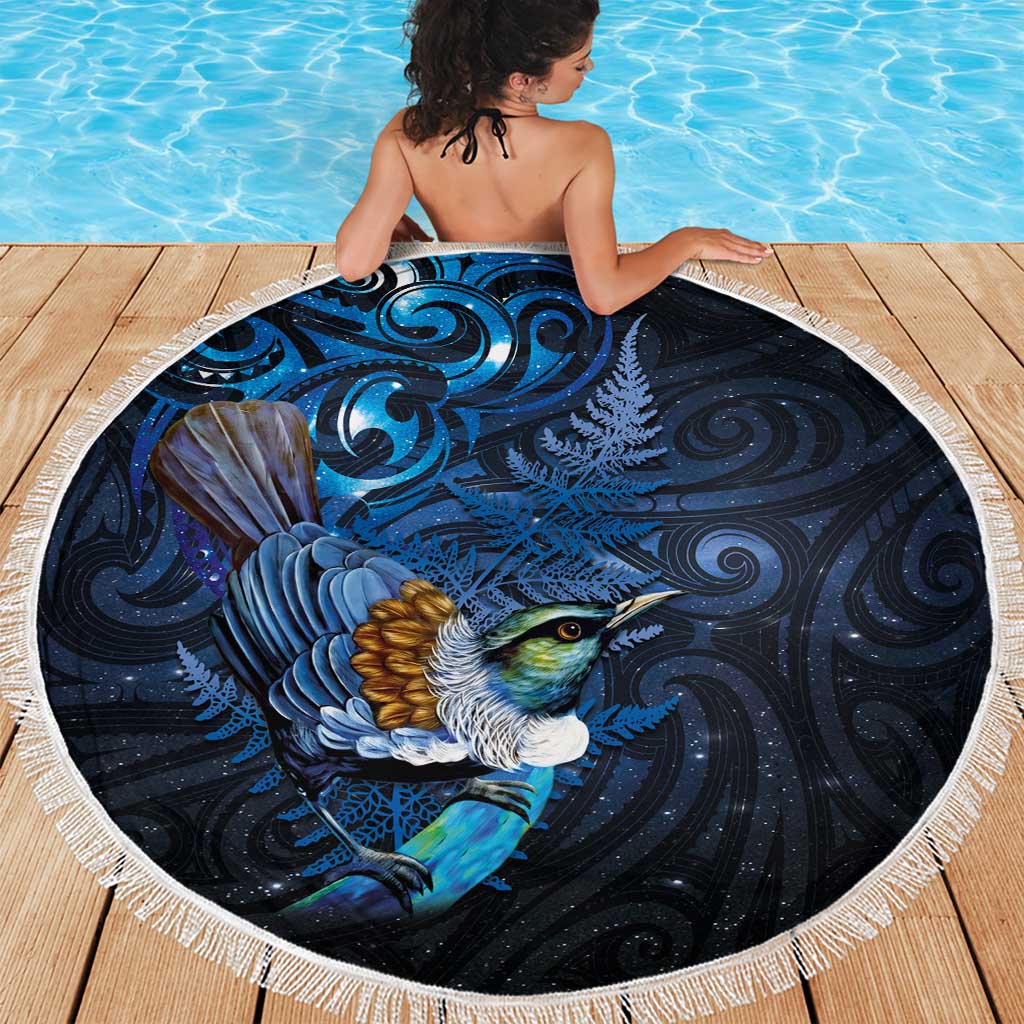 Aotearoa Matariki Beach Blanket Maori Tribal with Silver Fern and Tui Bird Galaxy Style - Polynesian Pride