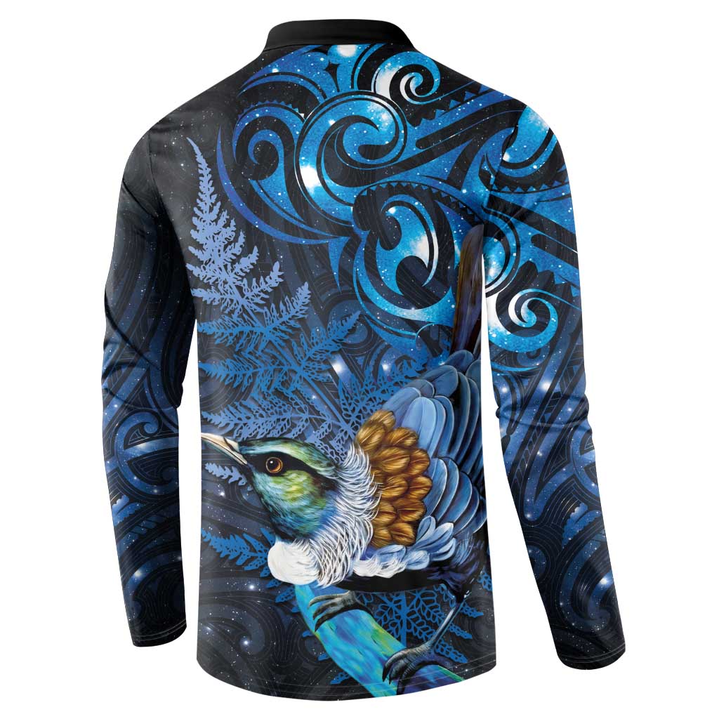 Aotearoa Matariki Button Sweatshirt Maori Tribal with Silver Fern and Tui Bird Galaxy Style - Polynesian Pride
