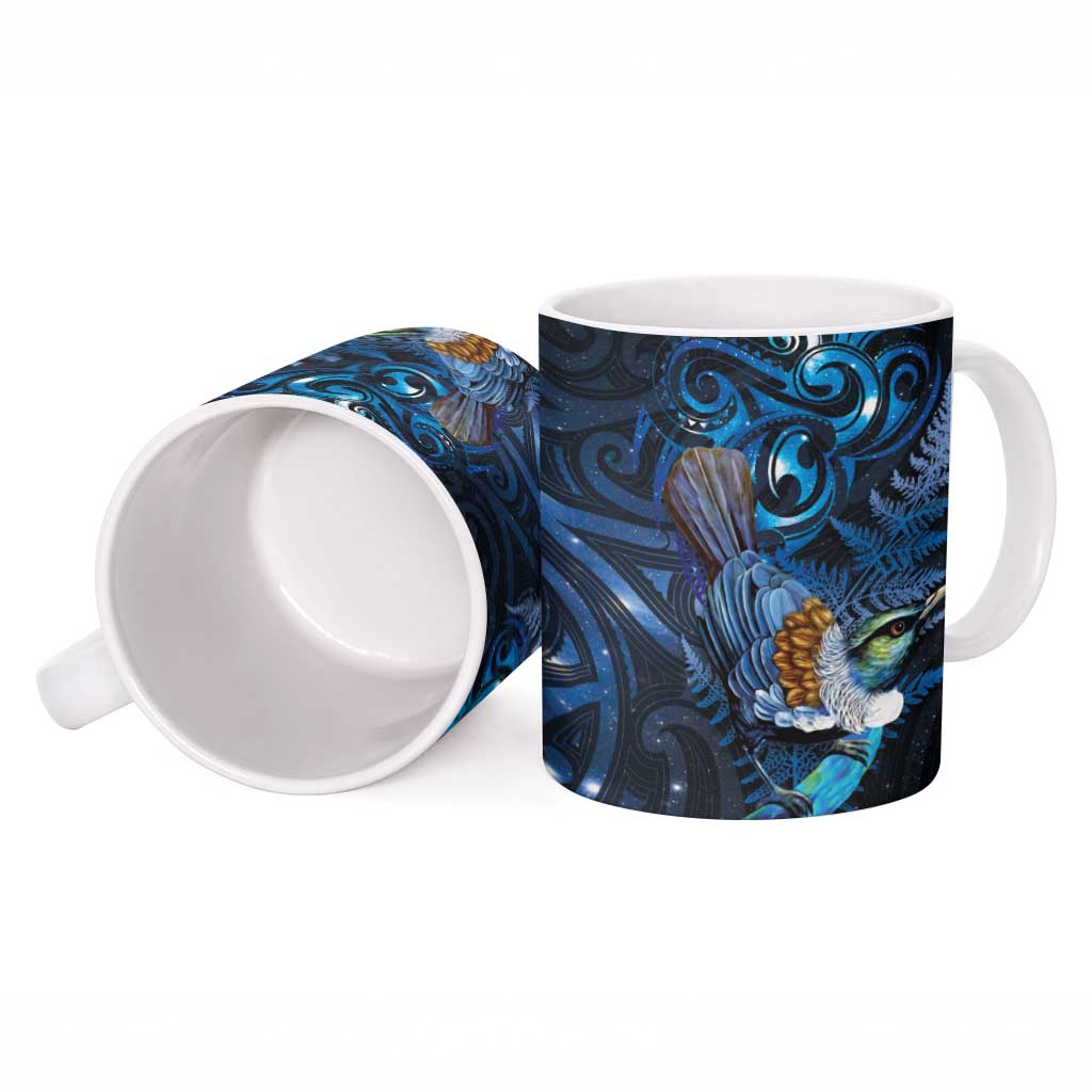 Aotearoa Matariki Ceramic Mug Maori Tribal with Silver Fern and Tui Bird Galaxy Style - Polynesian Pride