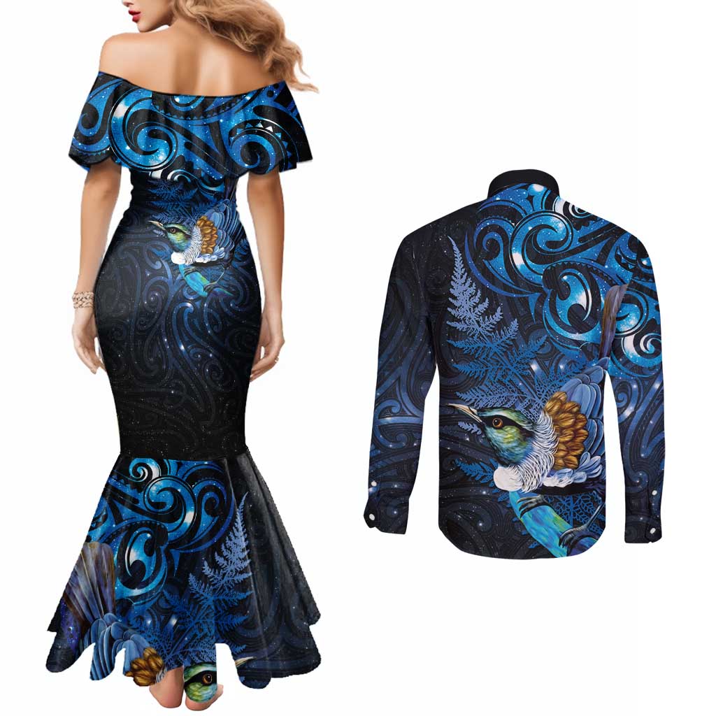 Aotearoa Matariki Couples Matching Mermaid Dress and Long Sleeve Button Shirt Maori Tribal with Silver Fern and Tui Bird Galaxy Style - Polynesian Pride