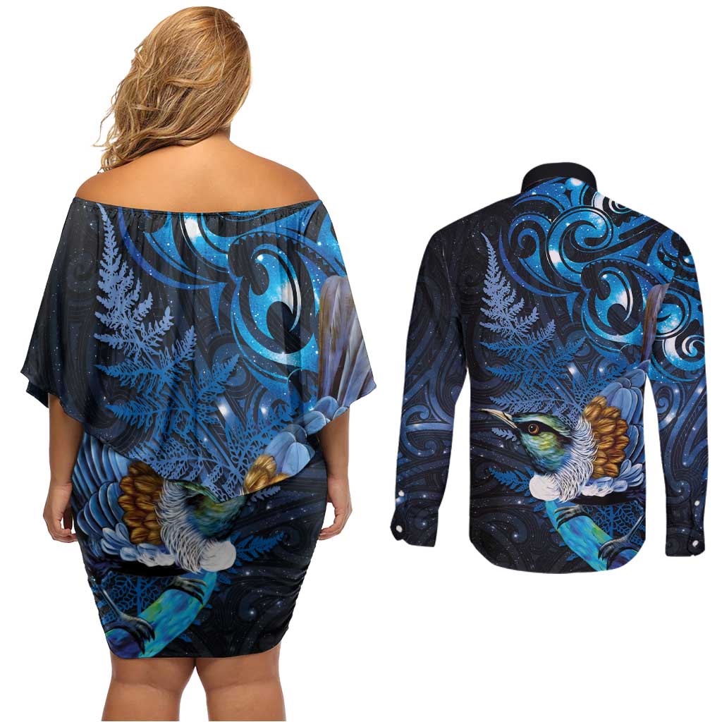Aotearoa Matariki Couples Matching Off Shoulder Short Dress and Long Sleeve Button Shirt Maori Tribal with Silver Fern and Tui Bird Galaxy Style - Polynesian Pride