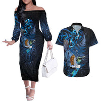 Aotearoa Matariki Couples Matching Off The Shoulder Long Sleeve Dress and Hawaiian Shirt Maori Tribal with Silver Fern and Tui Bird Galaxy Style - Polynesian Pride