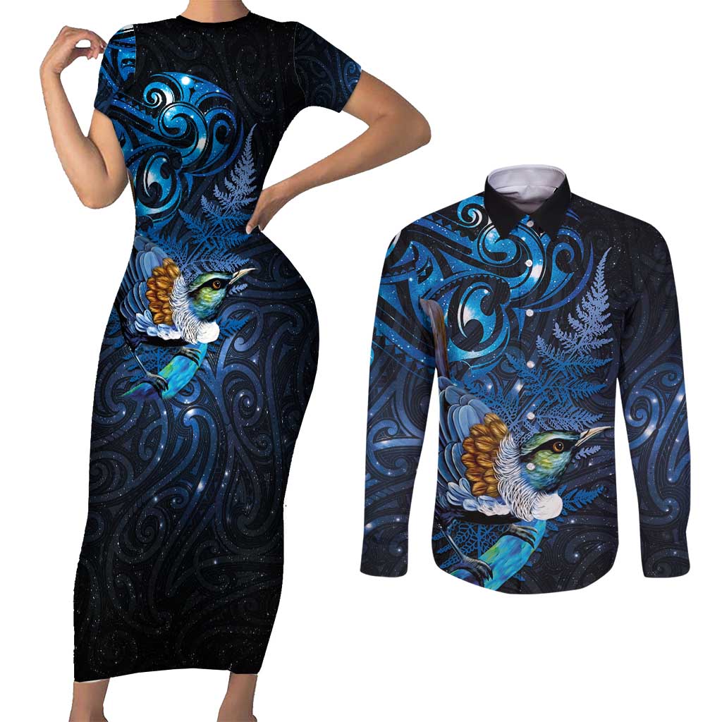 Aotearoa Matariki Couples Matching Short Sleeve Bodycon Dress and Long Sleeve Button Shirt Maori Tribal with Silver Fern and Tui Bird Galaxy Style - Polynesian Pride
