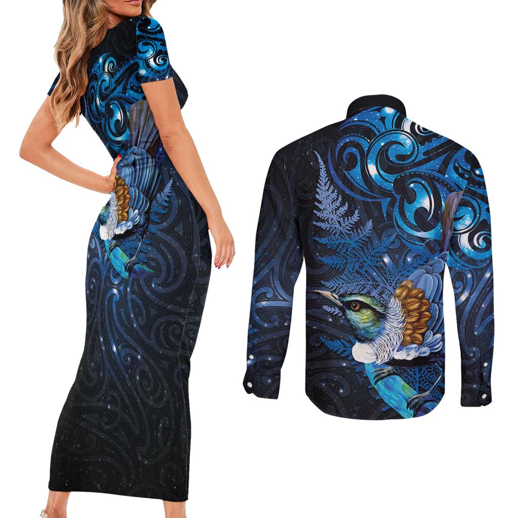 Aotearoa Matariki Couples Matching Short Sleeve Bodycon Dress and Long Sleeve Button Shirt Maori Tribal with Silver Fern and Tui Bird Galaxy Style - Polynesian Pride