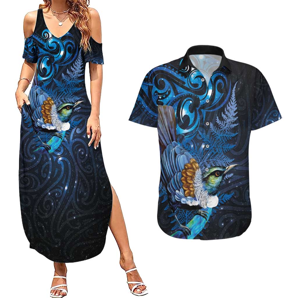 Aotearoa Matariki Couples Matching Summer Maxi Dress and Hawaiian Shirt Maori Tribal with Silver Fern and Tui Bird Galaxy Style - Polynesian Pride