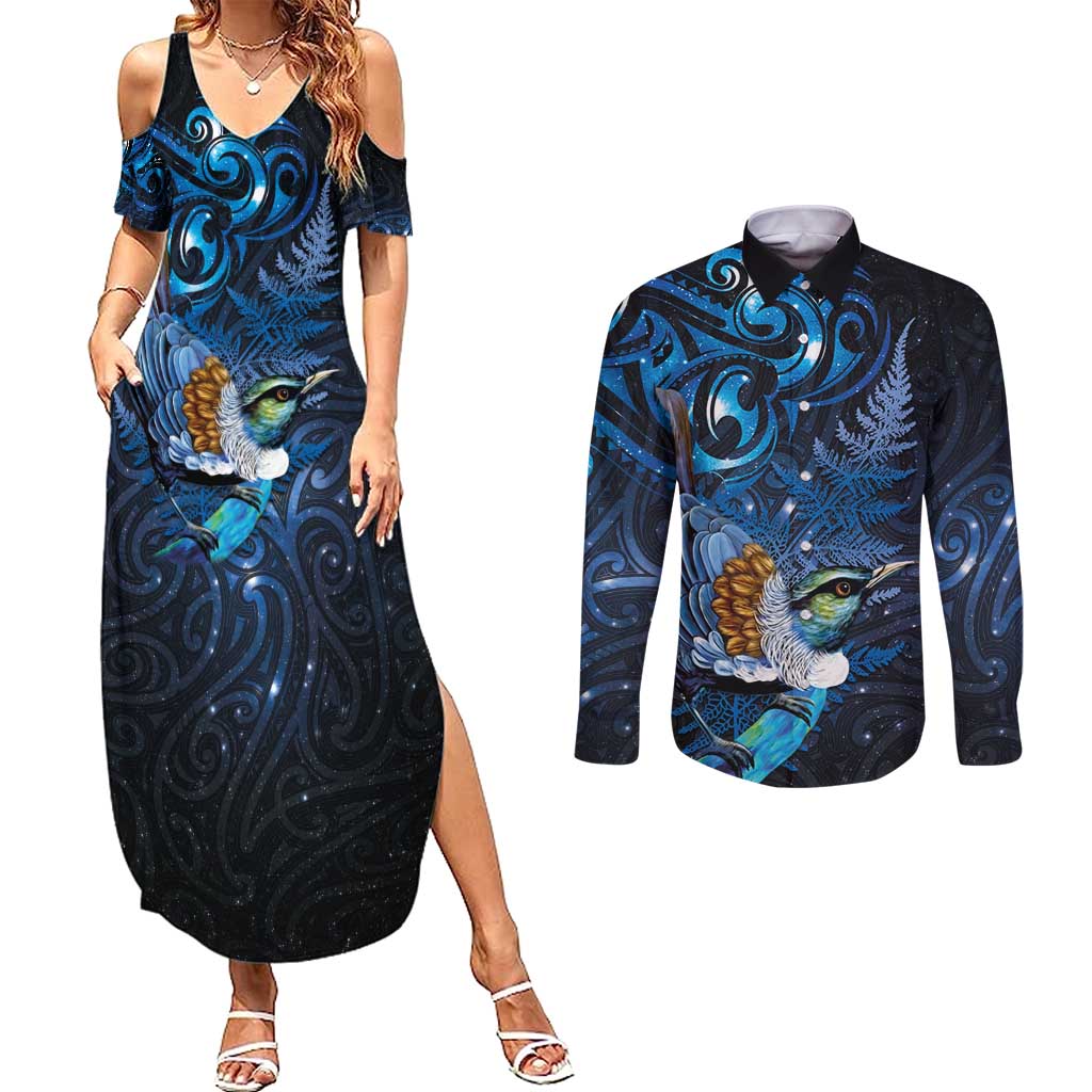 Aotearoa Matariki Couples Matching Summer Maxi Dress and Long Sleeve Button Shirt Maori Tribal with Silver Fern and Tui Bird Galaxy Style - Polynesian Pride