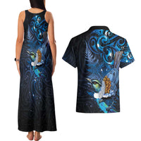 Aotearoa Matariki Couples Matching Tank Maxi Dress and Hawaiian Shirt Maori Tribal with Silver Fern and Tui Bird Galaxy Style - Polynesian Pride