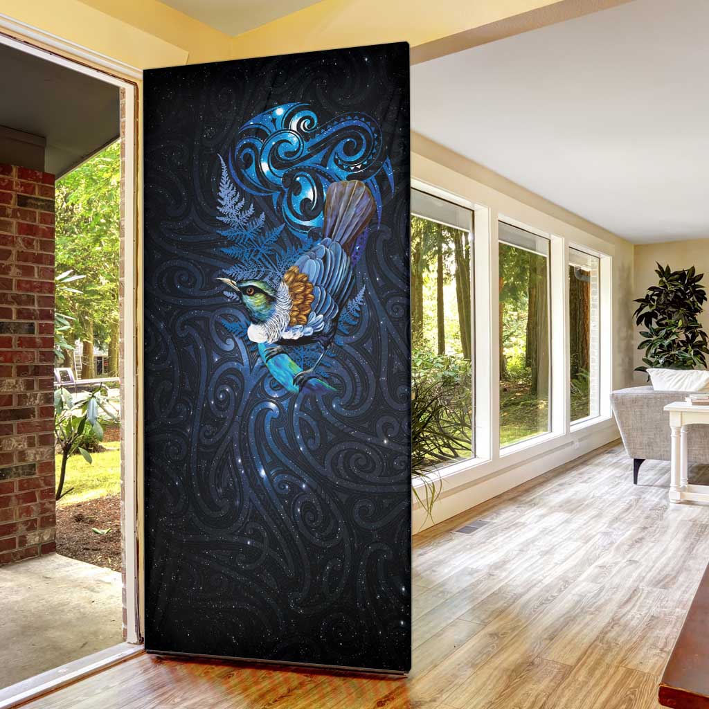 Aotearoa Matariki Door Cover Maori Tribal with Silver Fern and Tui Bird Galaxy Style - Polynesian Pride