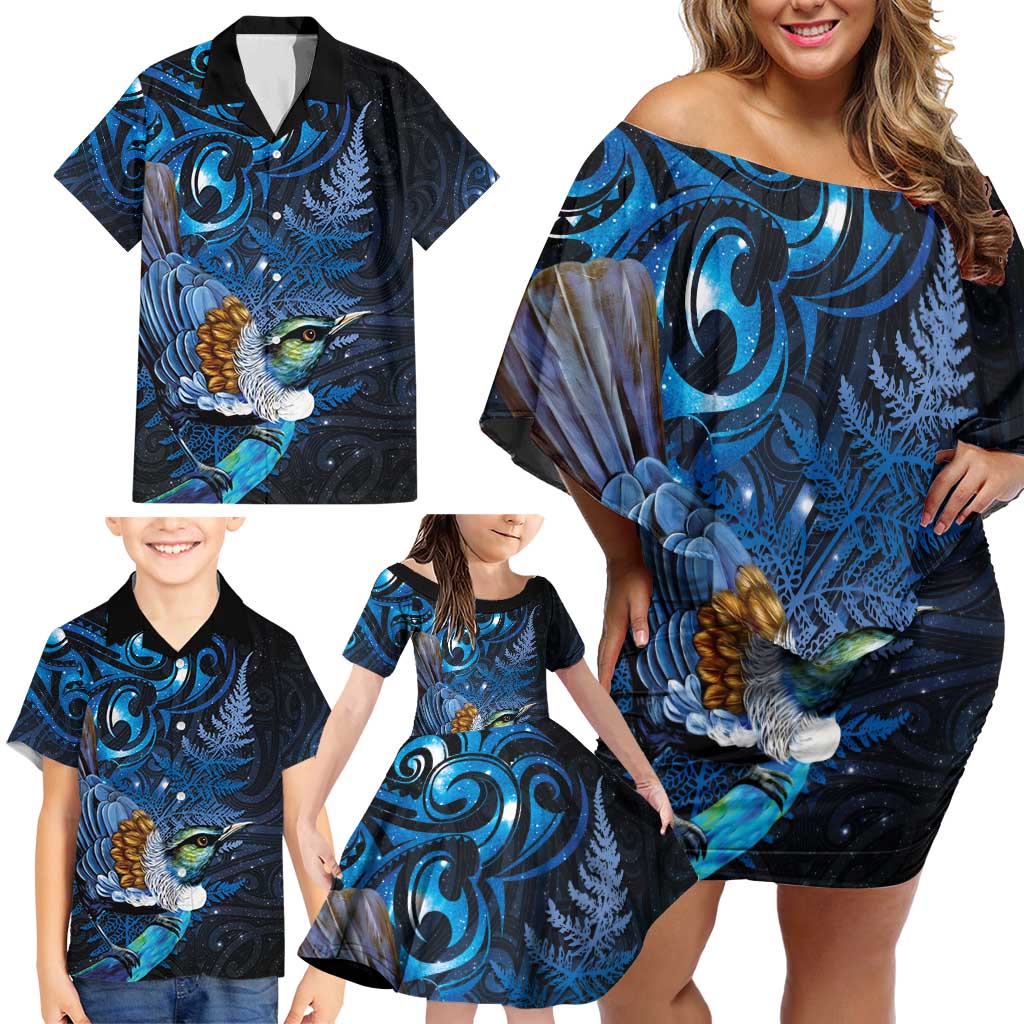 Aotearoa Matariki Family Matching Off Shoulder Short Dress and Hawaiian Shirt Maori Tribal with Silver Fern and Tui Bird Galaxy Style - Polynesian Pride