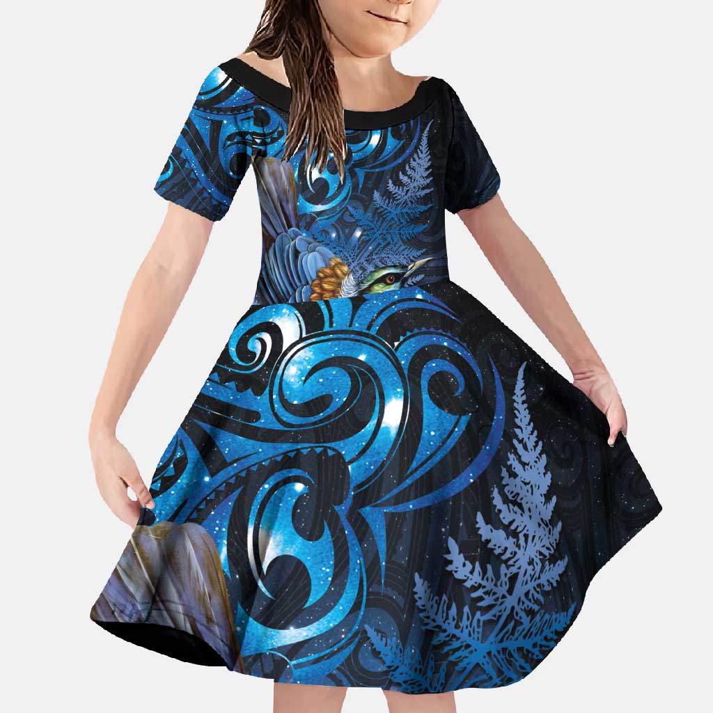 Aotearoa Matariki Family Matching Summer Maxi Dress and Hawaiian Shirt Maori Tribal with Silver Fern and Tui Bird Galaxy Style - Polynesian Pride