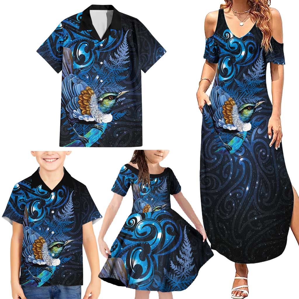 Aotearoa Matariki Family Matching Summer Maxi Dress and Hawaiian Shirt Maori Tribal with Silver Fern and Tui Bird Galaxy Style - Polynesian Pride